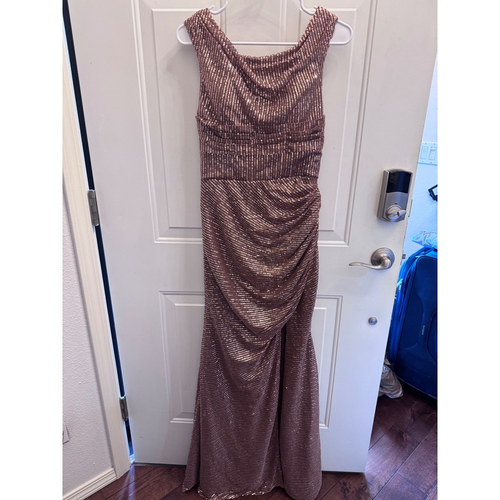 Ryanth Rose Gold Sequin Cowl Neck Ruched Formal Gown Dress Size 4 NWT